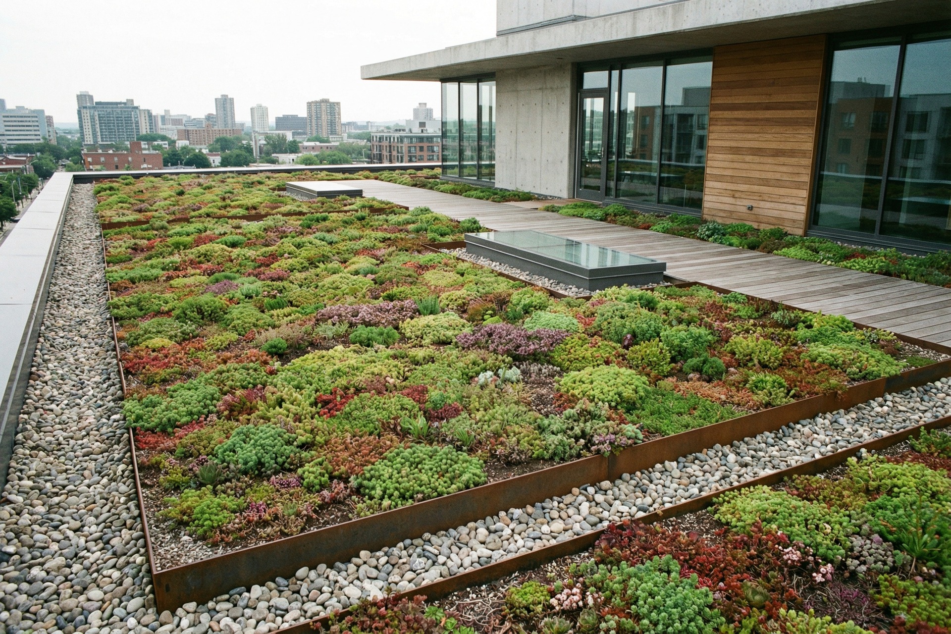 Green roof vegetation and drainage detail