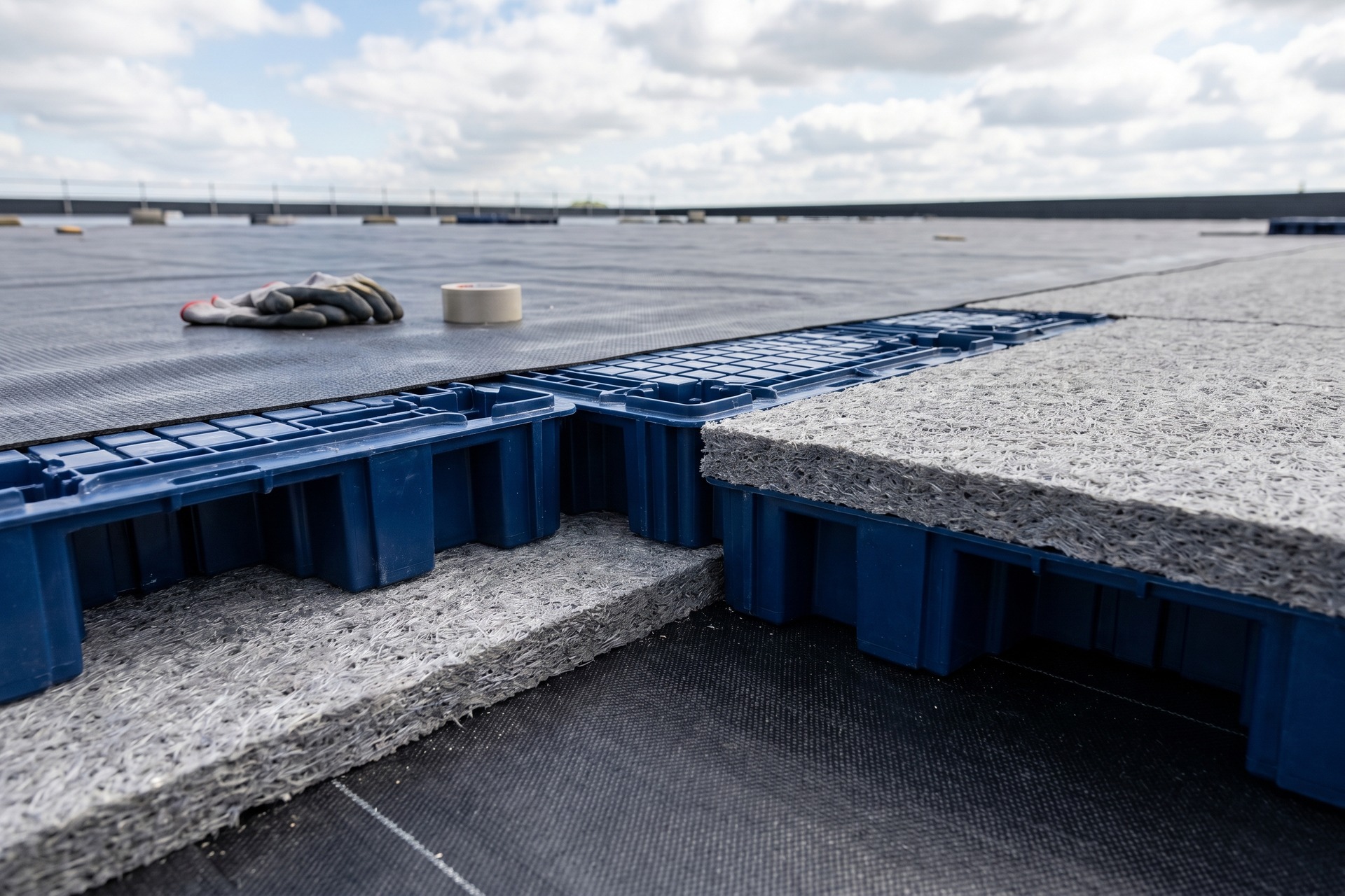 Blue roof water storage trays