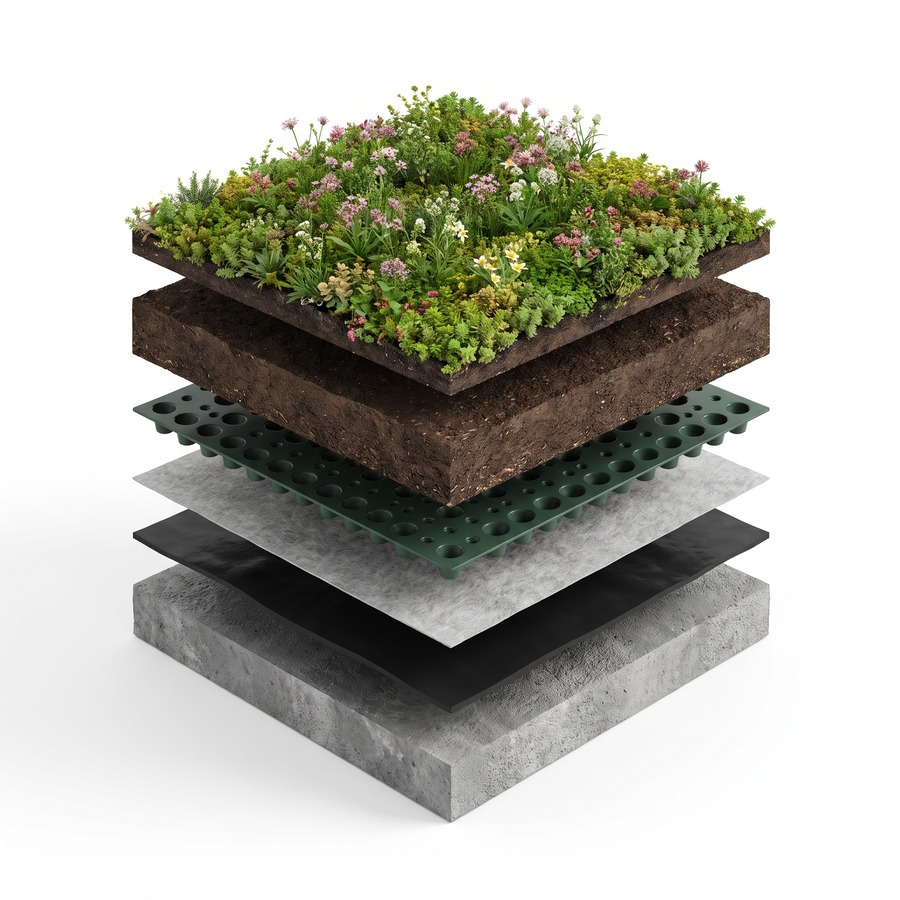 Exploded green roof build-up showing vegetation, growing medium, drainage, fleece, waterproofing and structural deck layers
