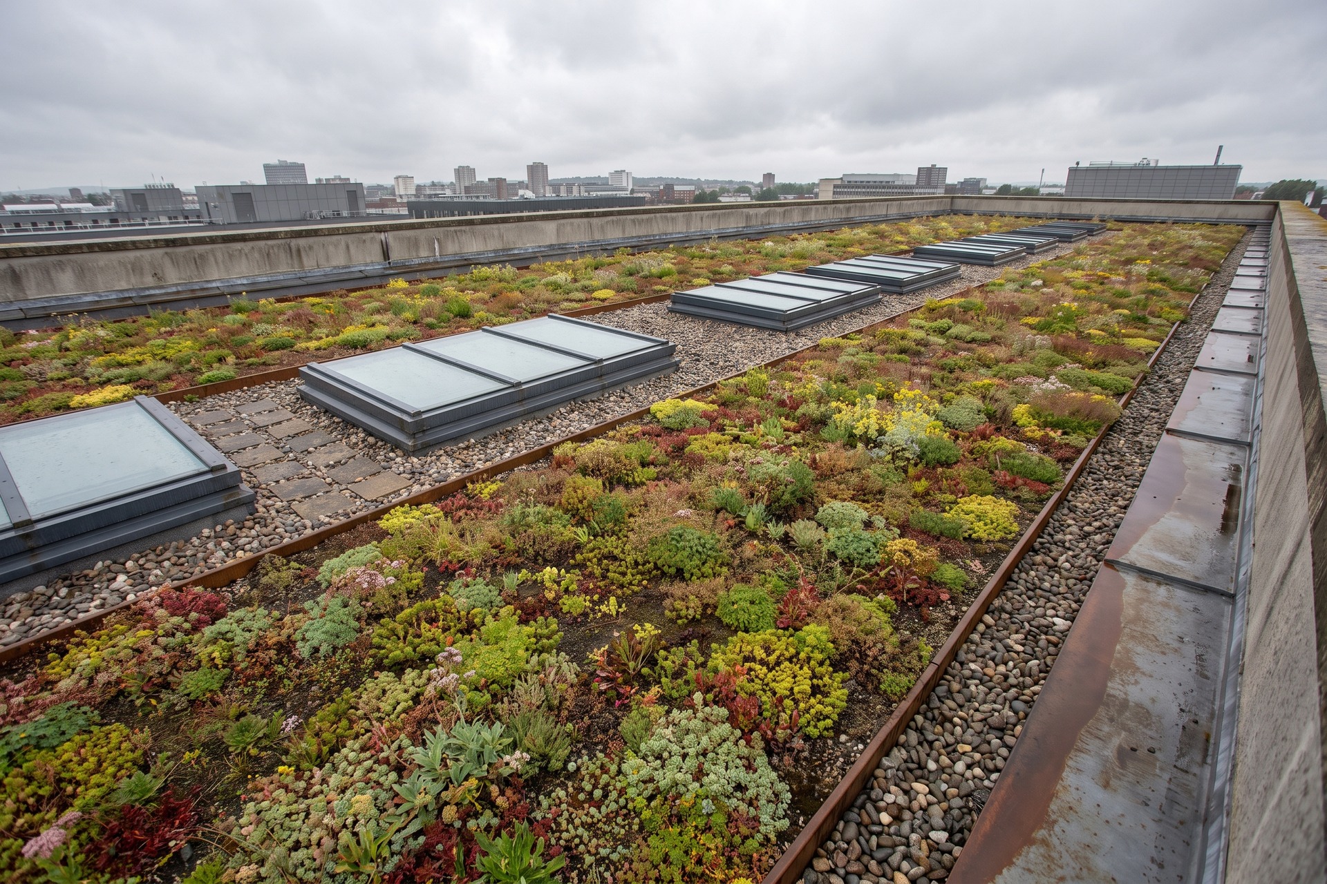 Completed UK commercial green roof with sedum planting and rooflights