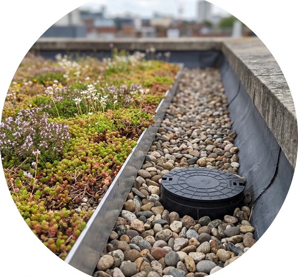 Close-up of sedum green roof edge detail