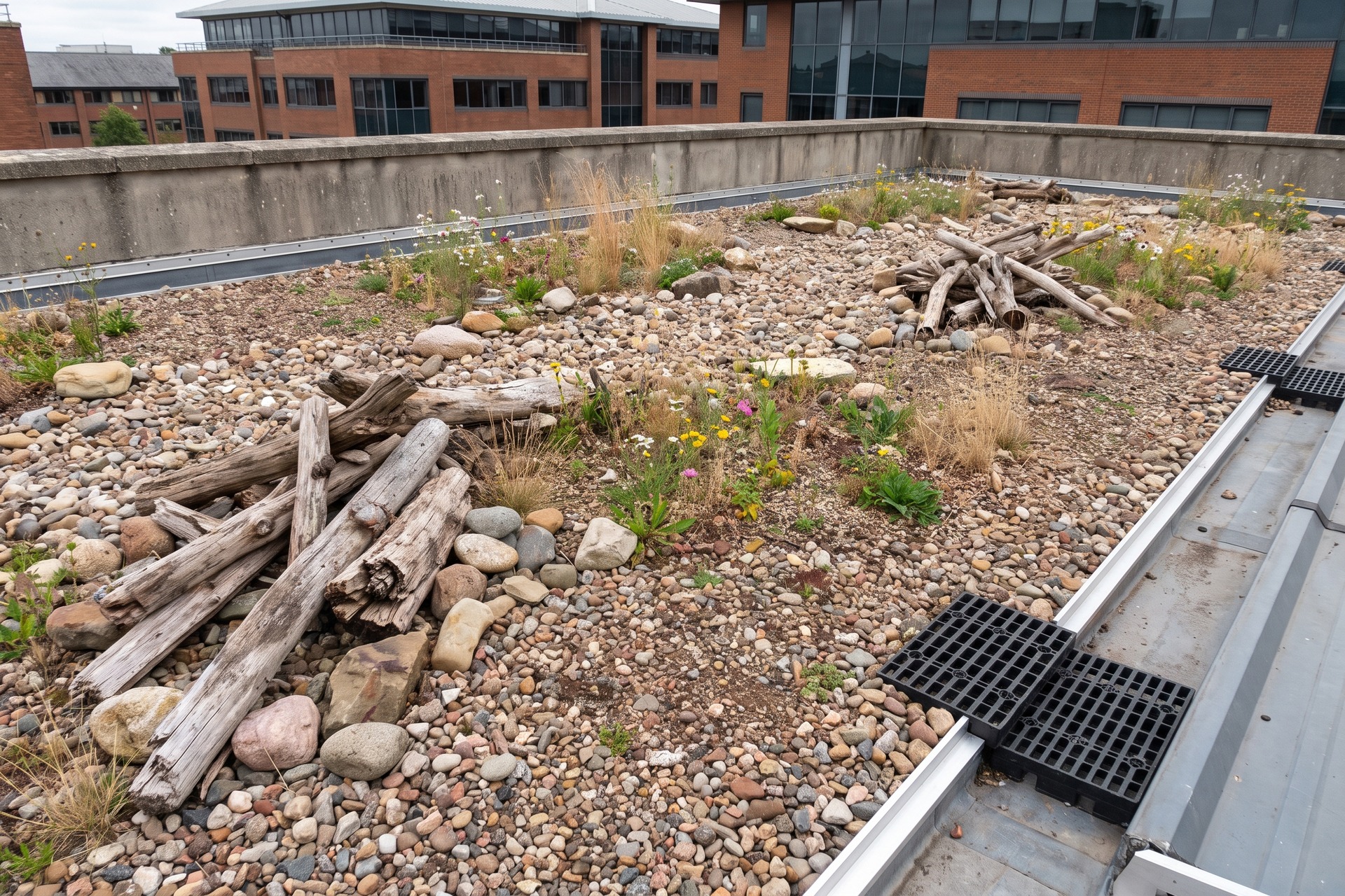 Biodiverse brown roof with mixed planting